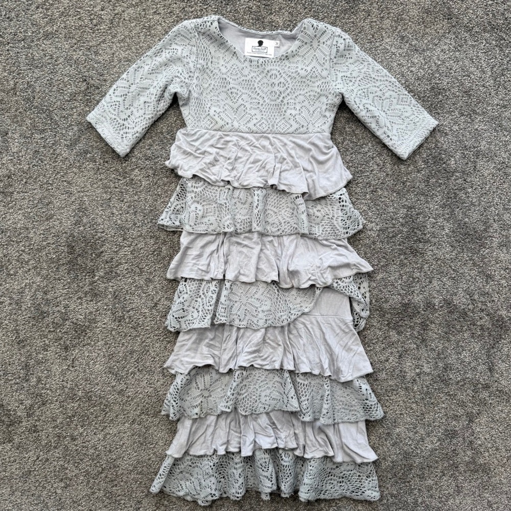 Dainty Jewells Kids Grey Lace Tiered Ruffle Modest Maxi Dress Size M 3/4 Sleeve